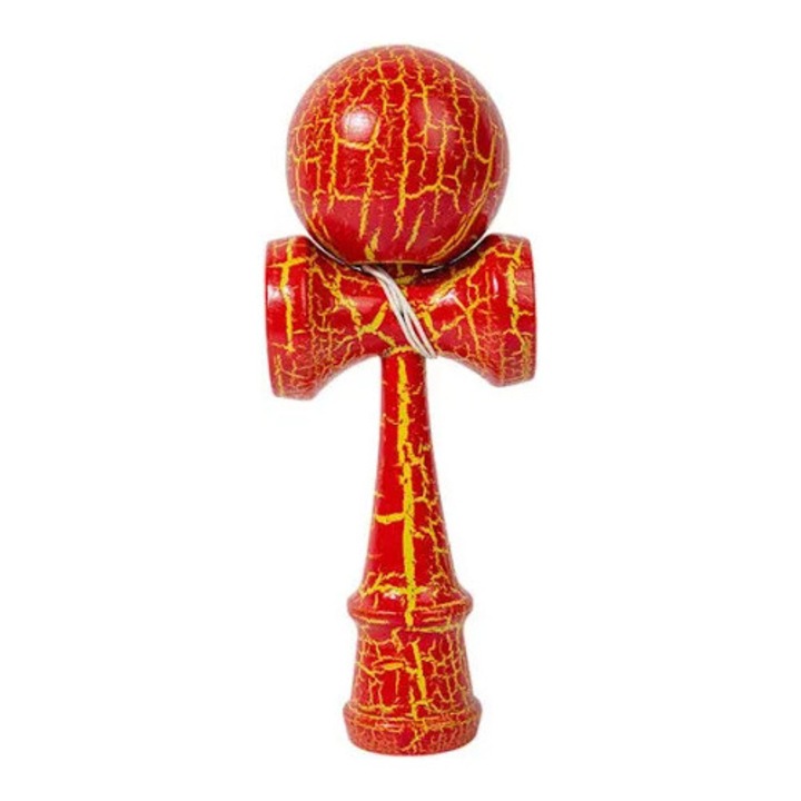 Kendama din Lemn Natural Jucarie Japoneza cu Bila Crackle Rosu Cu Galben