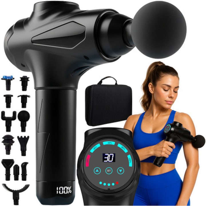 Izommasszázs pisztoly 12 fejjel - 30 intenzitási szint, LED kijelző, bőrönddel