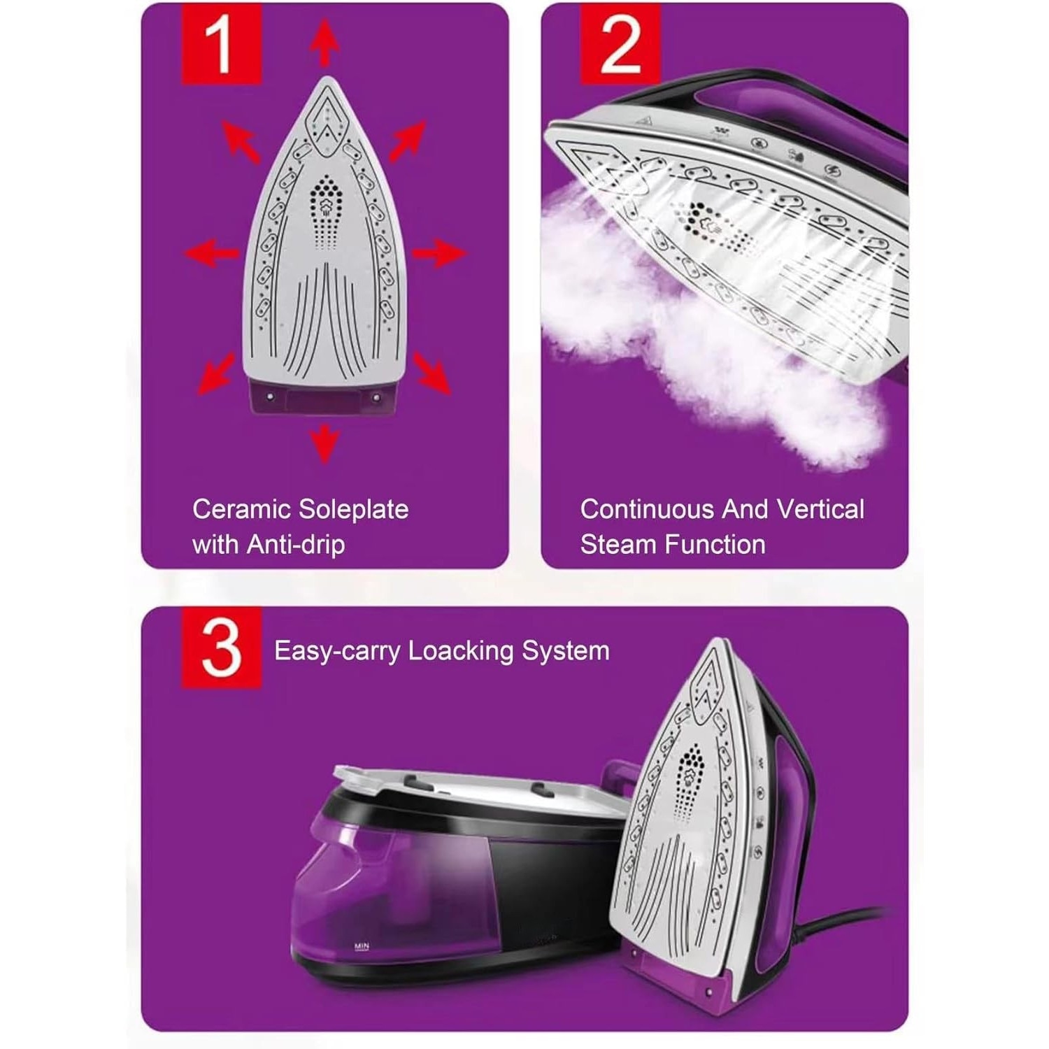 Statie de calcat cu abur, Zola, 2400 W, rezervor apa 1.2 l, abur 120 g/min, talpa ceramica, 35 x 17 x 19 cm, violet
