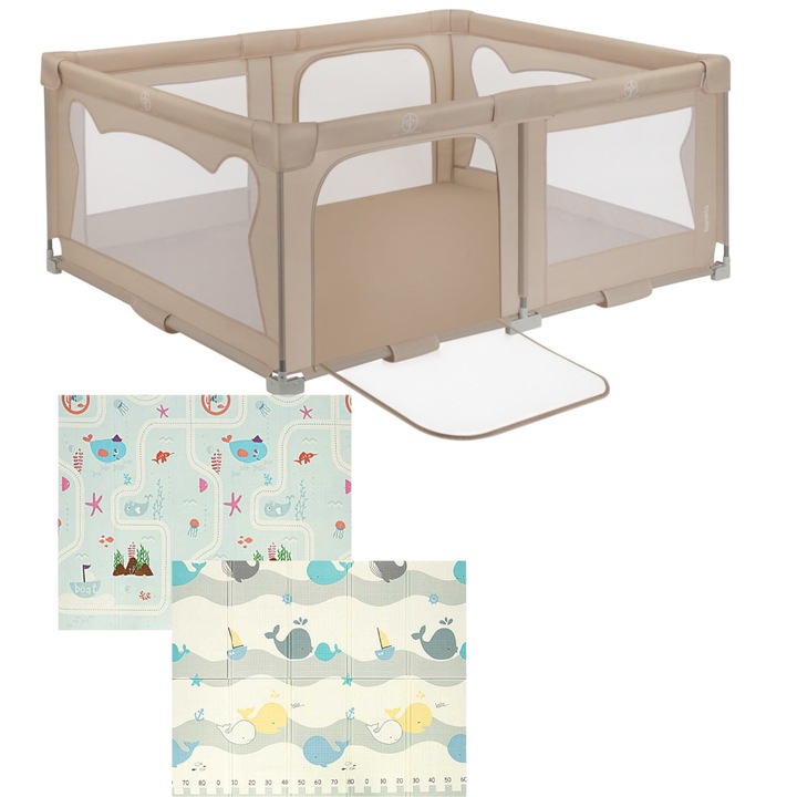 Pachet Tarc de joaca copii, Lionelo, Florence, 150 x 180 cm, Conform cu EN 12227:2010, Bej si Covoras educativ, Bocioland, Water City, Impermeabil, 150 x 180 cm