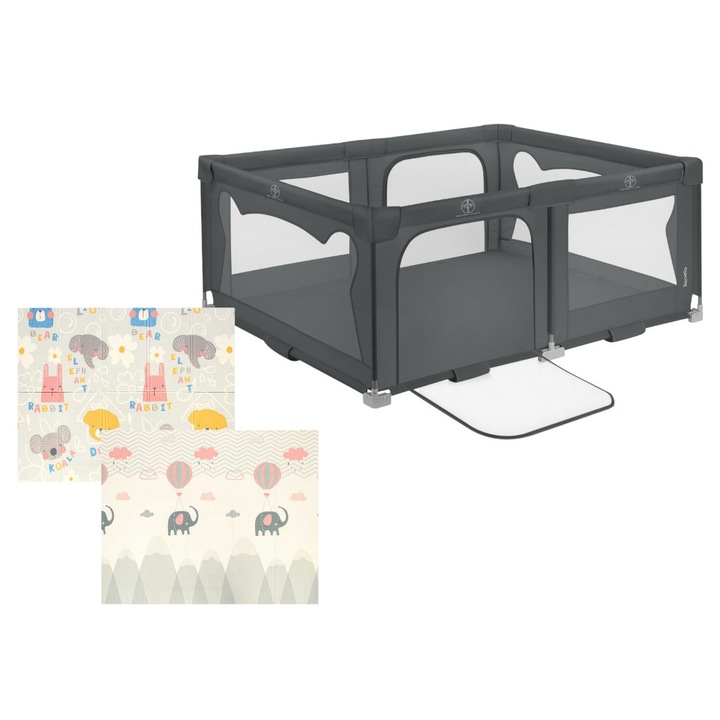 Pachet Tarc de joaca copii, Lionelo, Florence, 150 x 180 cm, Conform cu EN 12227:2010, Gri si Covoras educativ, Bocioland, Grey Elephant, Impermeabil, 150 x 180 cm