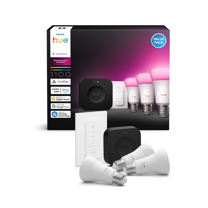 Комплект 3 смарт крушки E27 Philips Hue, Dimmer Switch и конзола Hue Bridge Pro, Wi-Fi, RGB, Zigbee, Amazon Alexa, Apple HomeKit, Google Assistant