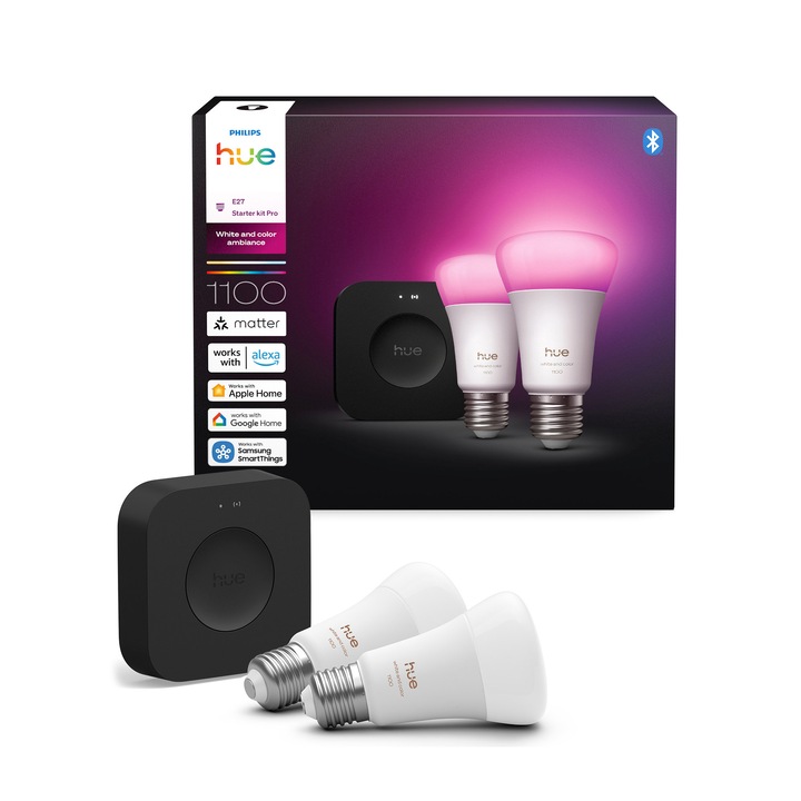 Пакет от 2 крушки Philips HueE27, Смарт, С цветна светлина, Конзола Hue Bridge Pro, Wi-Fi, RGB, Zigbee, Amazon Alexa, Apple HomeПакет, Google Assistant
