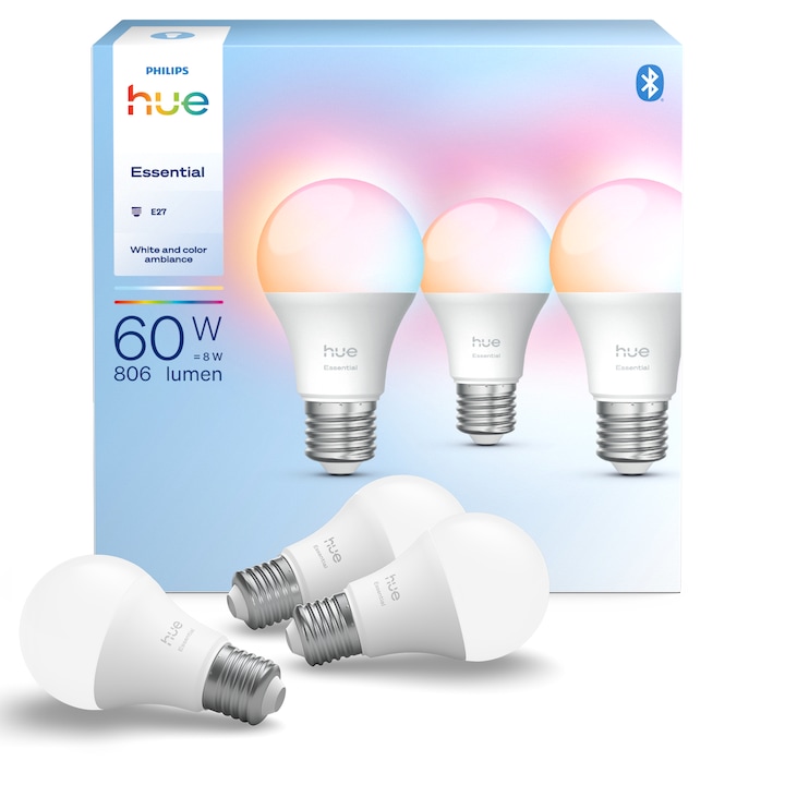 Комплект 3 крушки Philips Hue Essentials, E27, 8W, 806 lm, Bluetooth, Zigbee, RGB, Wi-Fi, Бял