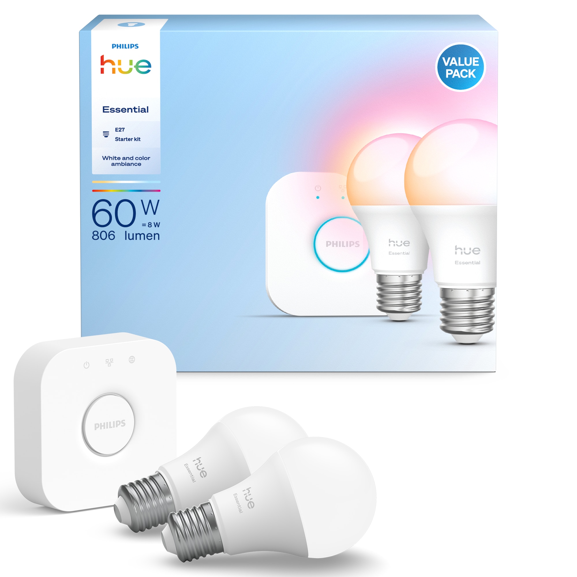 Pachet smart home Philips Hue Essential: Bridge + 2 becuri inteligente, 8 W, 806 lm E27, White and Color Ambiance, 2200K–6500K, Reglabile, Compatibile cu Alexa, Google Assistant, S