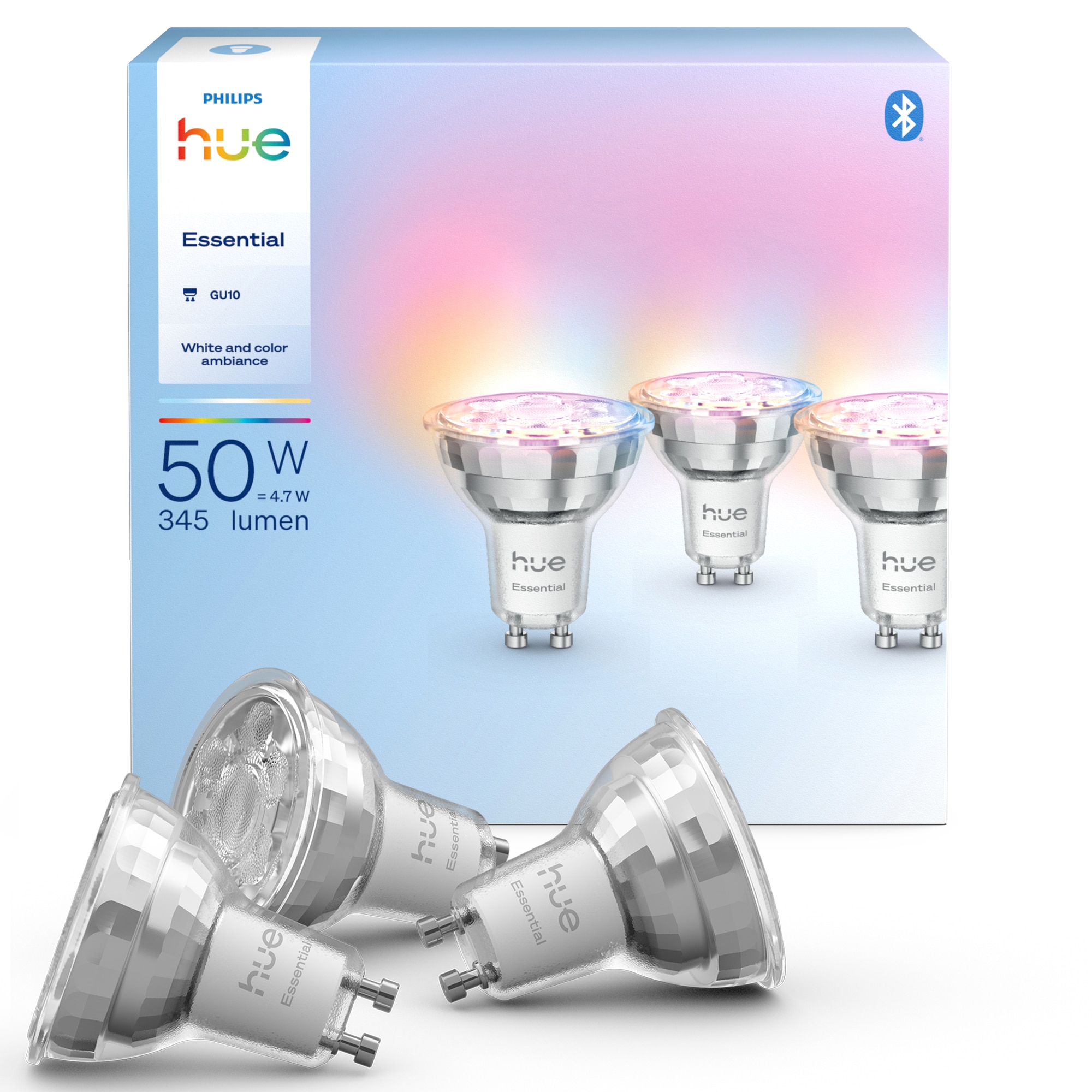 Pachet 3 becuri spot GU10 Philips Hue Essential, 4.7 W, 345 lm, Bluetooth, Zigbee, RGB, Wi-Fi, alb