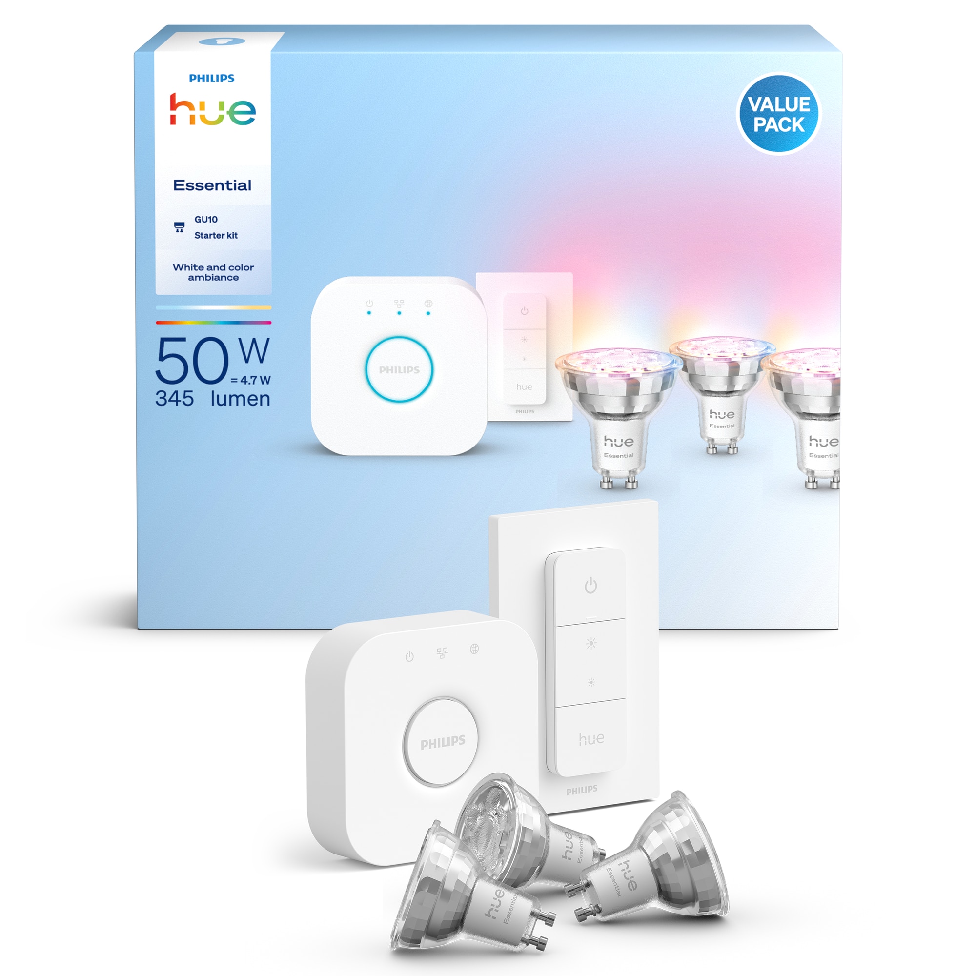Pachet smart home Philips Hue Essential: Bridge + 3 becuri inteligente Essential GU10 + Dimmer Switch, White and Color Ambiance, 2200K–6500K, Reglabile, Compatibile cu Alexa, Googl