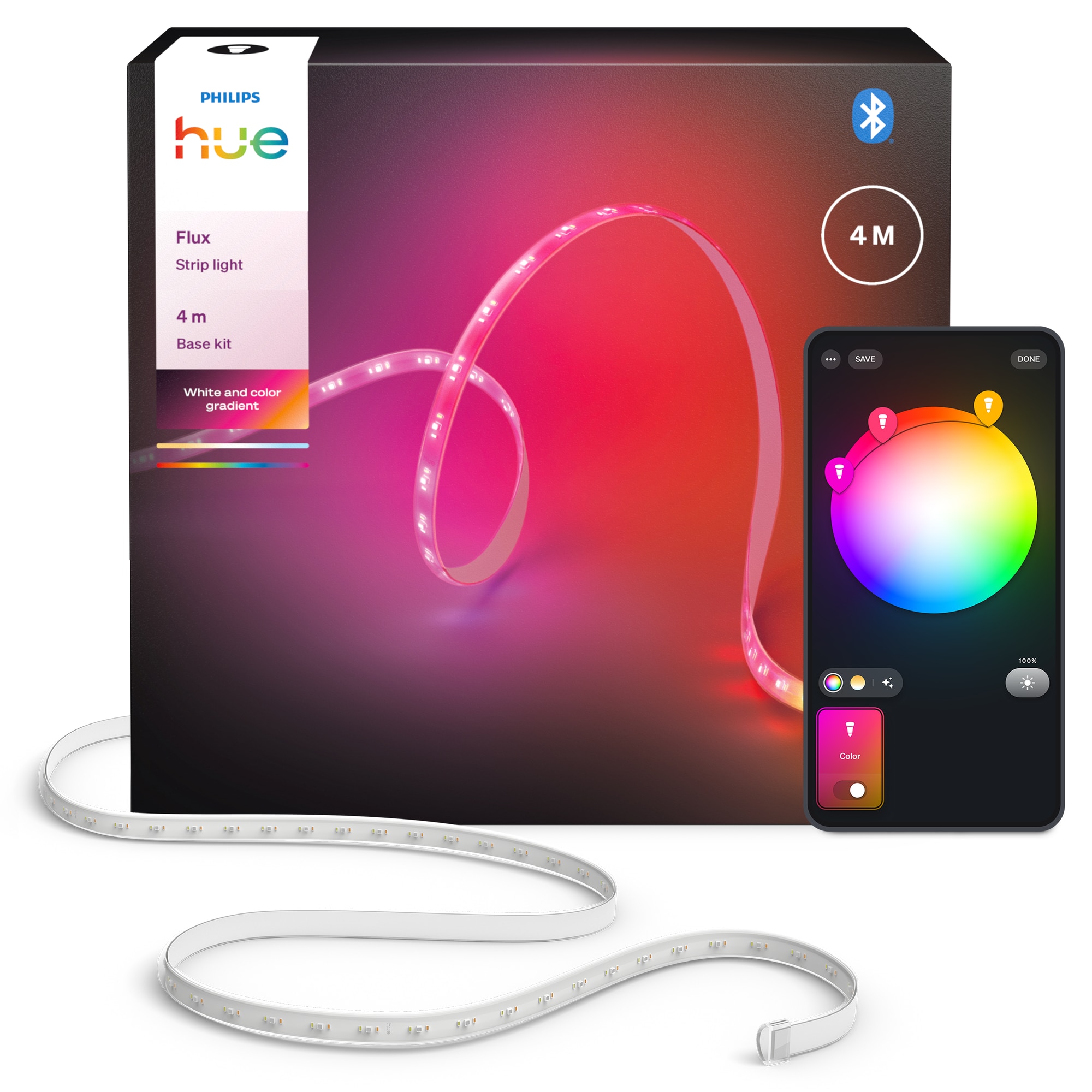 Banda LED Philips Hue Flux, 4 metri, 1600 lm, RGB, Zigbee, Bluetooth, Wi-Fi