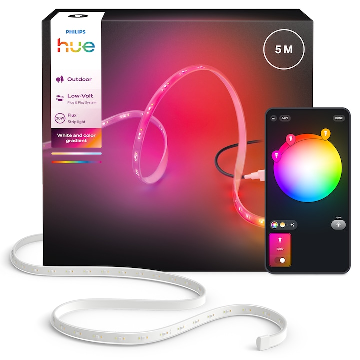 Banda LED pentru exterior Philips Hue Flux, 5 metri, 3000 lm, RGB, Zigbee, Bluetooth, Wi-Fi