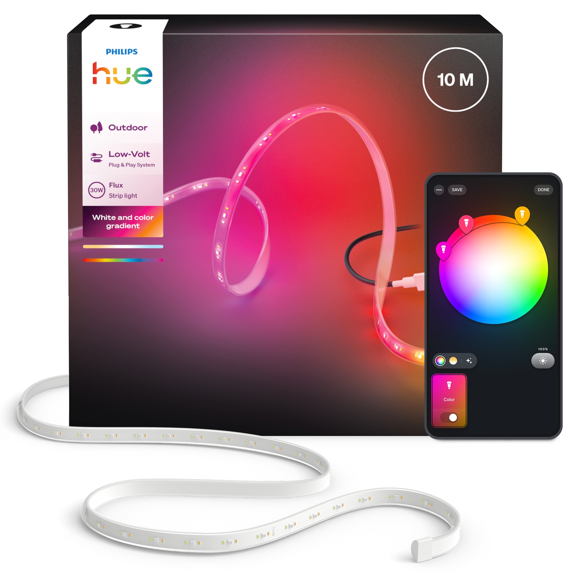 Banda LED pentru exterior Philips Hue Flux, 10 metri, 3000 lm, RGB, Zigbee, Bluetooth, Wi-Fi