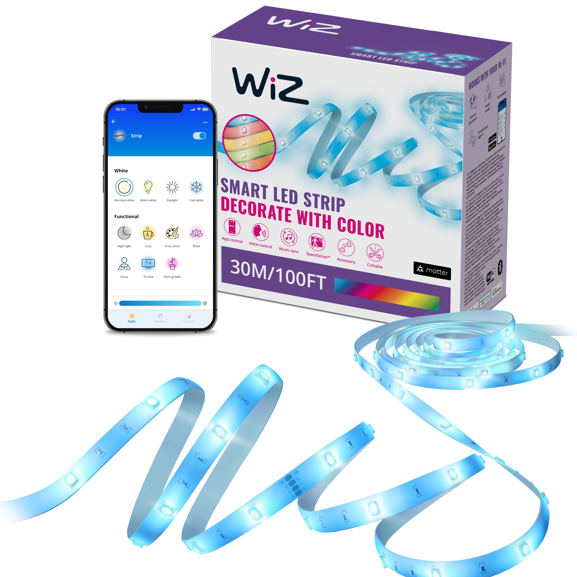 Banda LED RGB WiZ Connected, 30m, Wi-Fi, Matter, Amazon Alexa, Apple Home, Google Home