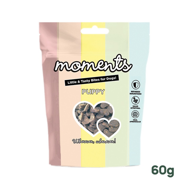 Recompense pentru caini Moments Puppy, Somon, Morcov si Broccoli, 60g, Fara cereale, Toate Taliile