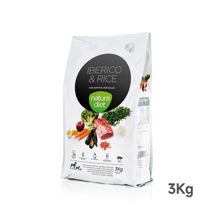 Hrana Caini Natura Diet Iberico & Rice, Porc Iberic si Orez 3kg, Hipoalergenica, Caini Adulti, Toate Taliile