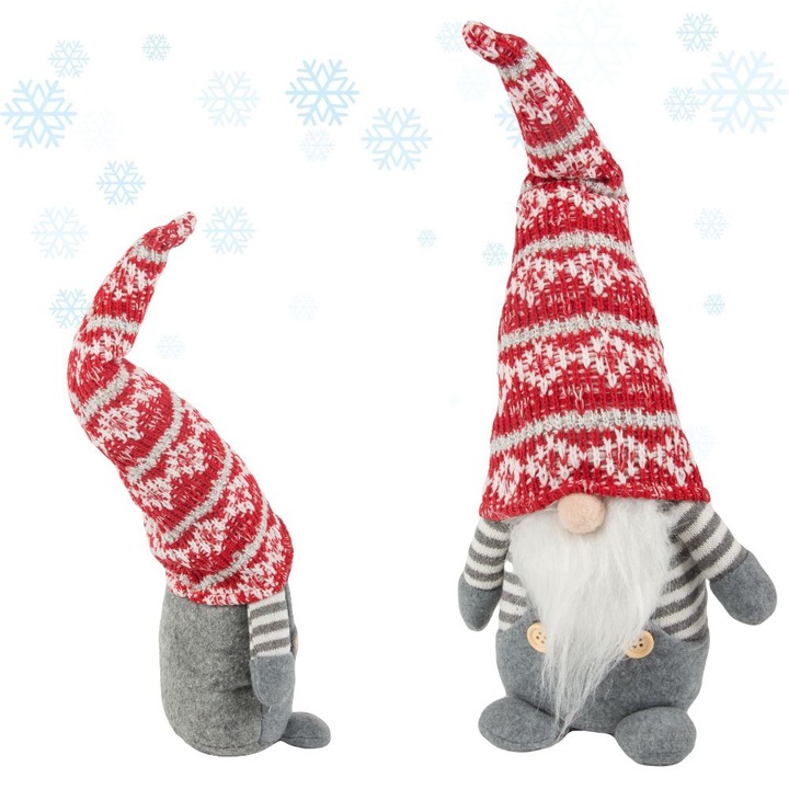 Decoratiune Craciun pitic gri cu barba alba 38 cm, figurina gnom de sarbatori cu palarie flexibila, decoratiune festiva pentru brad, masa sau camera, cadou de Craciun original