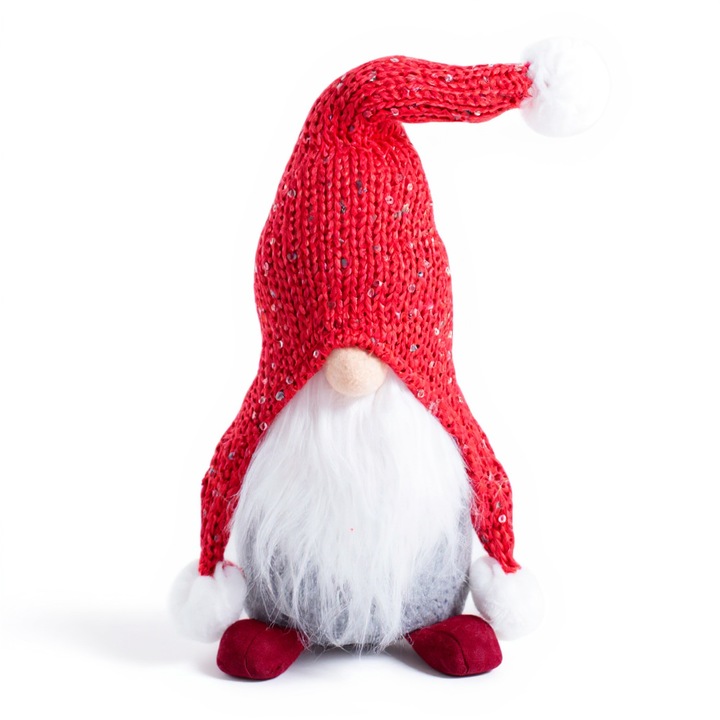 Decoratiune craciun gnom, figurina decorativa cu palarie cu sclipici si barba lunga, 30 cm, rosu-gri, ornament festiv pentru masa, living sau cadou
