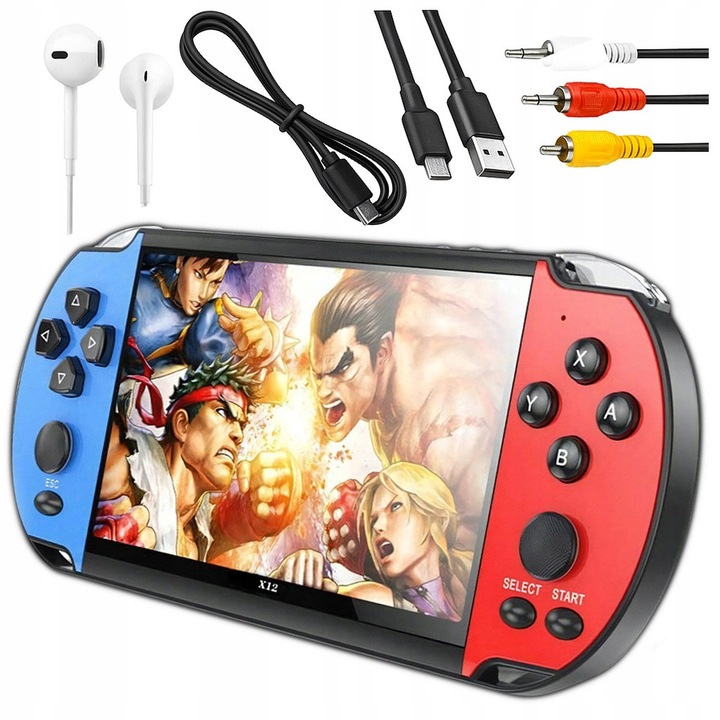 Consola portabila, X12, 5.1", 8 GB, 5500 jocuri retro, multimedia, iesire AV, suport pentru limba poloneza, ecran TFT, set cu accesorii inclusiv casti si cablu AV, culoare neagra, material plastic, dimensiuni 192 x 82 x 18 mm, baterie de 1500 mAh
