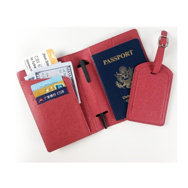 Portofel pentru Pasaport si Carduri, toolsy, 23x16 cm, 70g, din Piele PU, Suport Pix, Accesoriu Suport Eticheta, Unisex, Multifunctional, Rosu