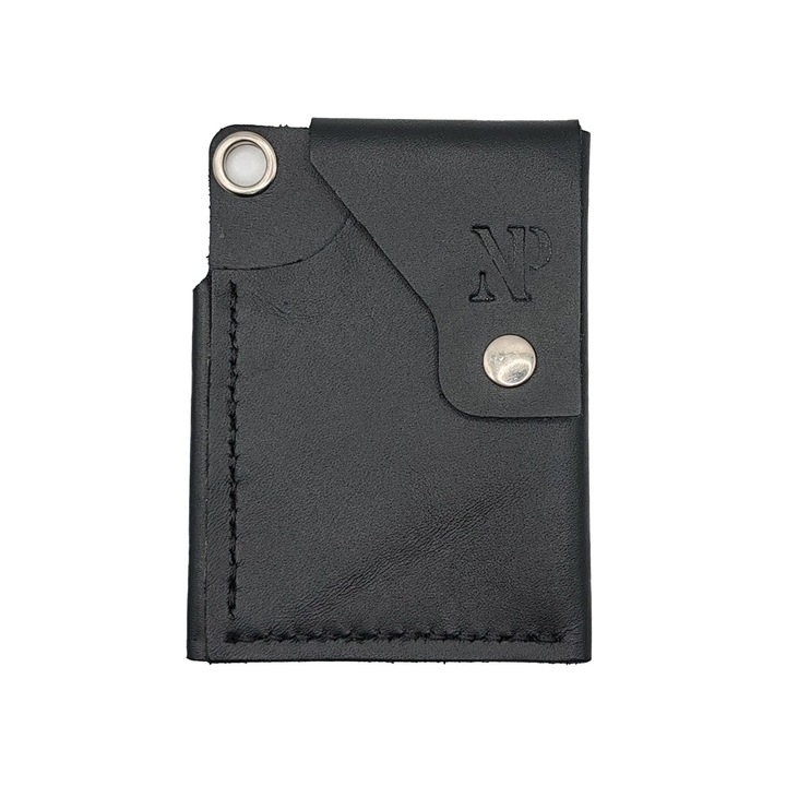 Portcard handmade Natty Pell din piele naturala neagra cu cusatura neagra si inchidere prin capsa, pentru 4 carduri si bani