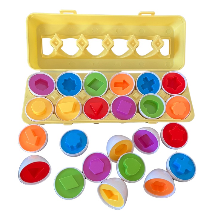 Joc educativ de sortare, asociere si potrivire culori si forme geometrice, Montessori – Cofraj cu 12 oua, 4 culori si 12 forme diferite, +3 ani