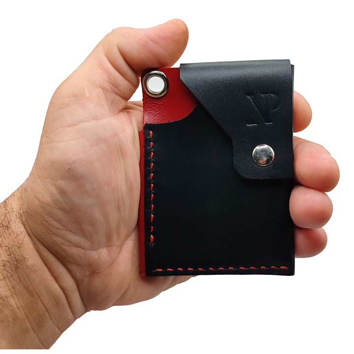 Portcard bicolor Natty Pell din piele naturala negru si rosu