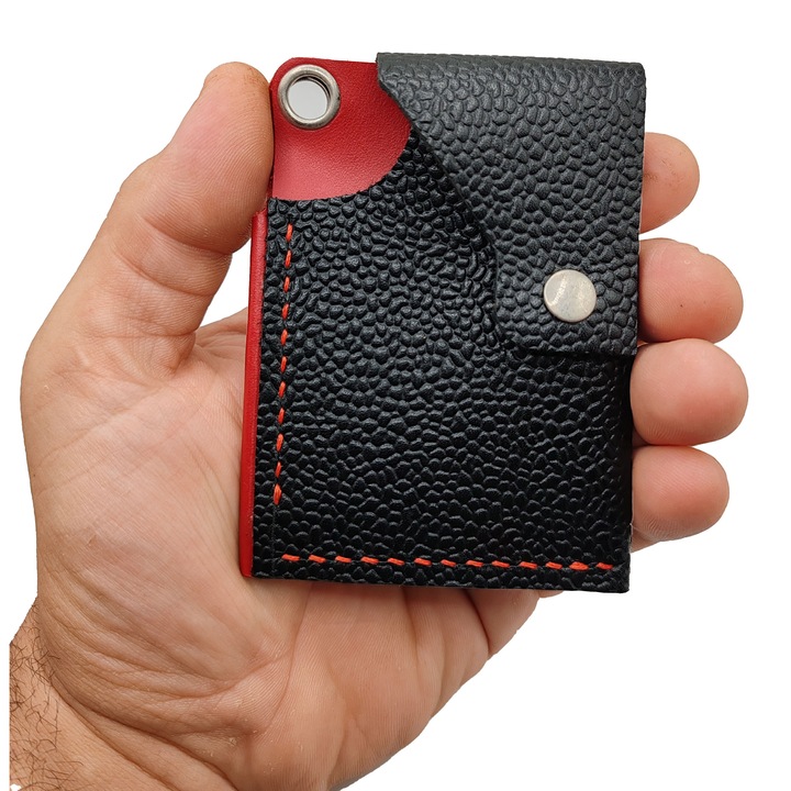 Порткард двуцветен Natty Pell – black & red, bison leather, hand-stitched