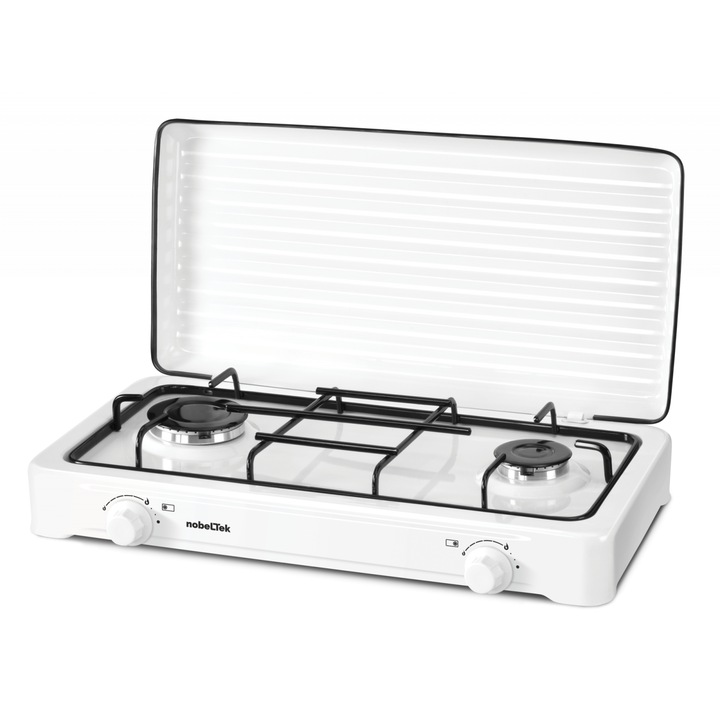 Plita exterior NobeLTek NLT NLT PE2GA, Gaz, 2 arzatoare, Gratar emailat, fara sigurata, Diuze GPL, Capac emailat, Alb