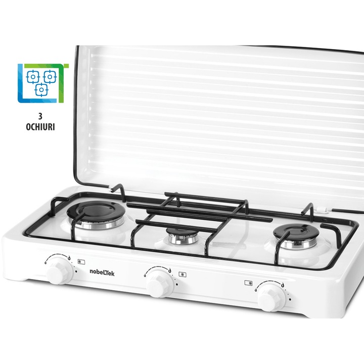 Plita exterior NobeLTek NLT PE3GA, Gaz, 3 arzatoare, Gratar emailat, fara sigurata, Diuze GPL, Capac emailat, Alb