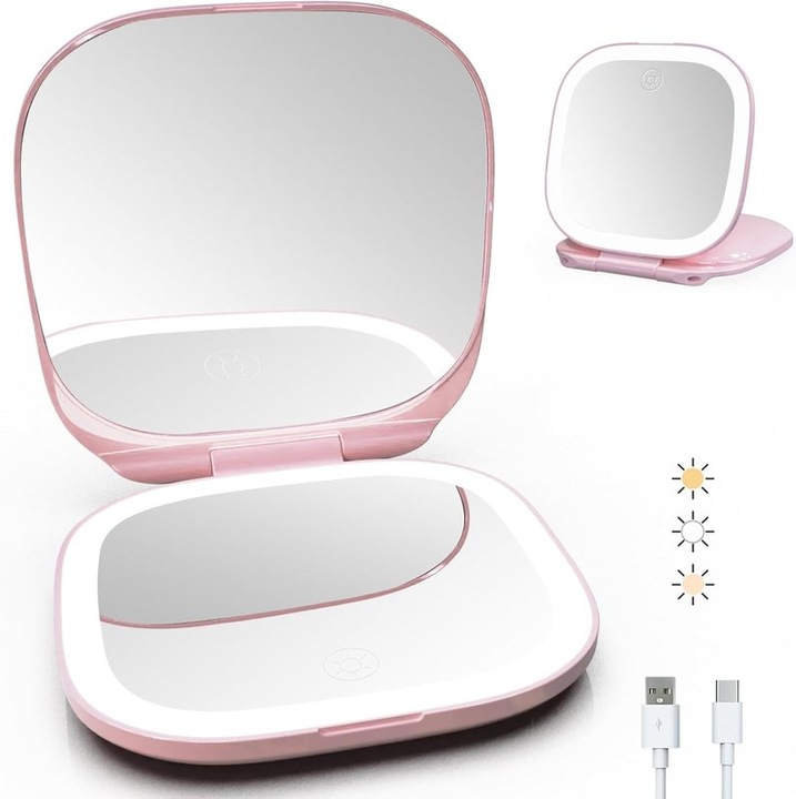 Oglinda cosmetica compacta cu lumini, 2X marire, design ergonomic, 4 inch, roz