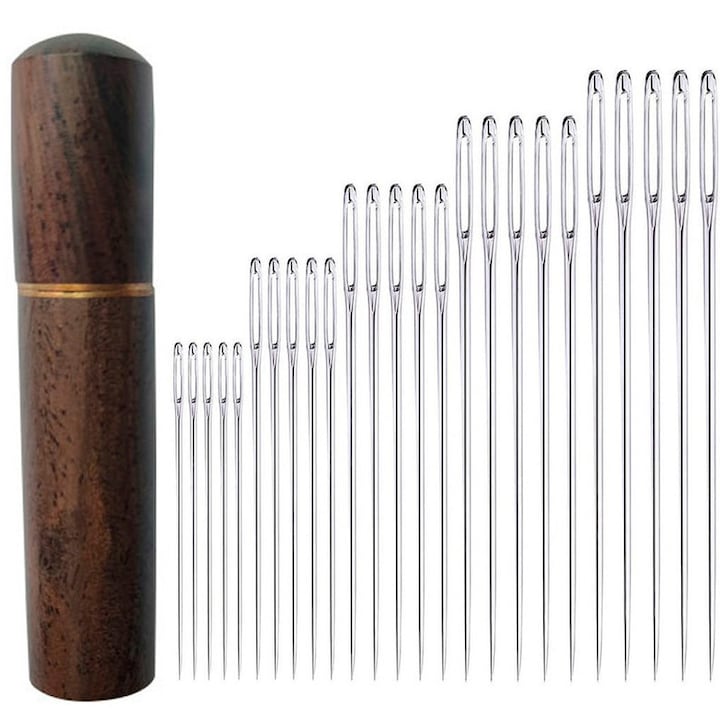 Ace de cusut mari, set 25 buc, diverse dimensiuni, tub depozitare lemn, argintiu