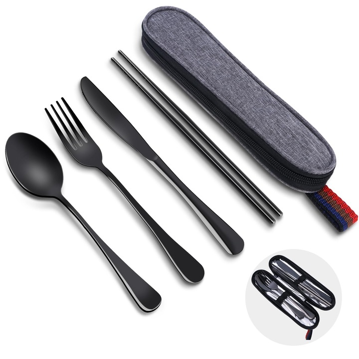 Set tacamuri de calatorie LYCENXI®, inox, negru, 5 piese, 1 persoana