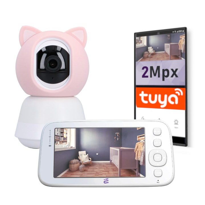 Camera de supraveghere WiFi, nanny, Encore View Baby Guard, rotativa, 2Mpx FullHD, lullaby alarma + monitor, night vision, Baterie incorporata de 2700 mAh, USB Typ-C, Comunicare bidirectionala, alb roz