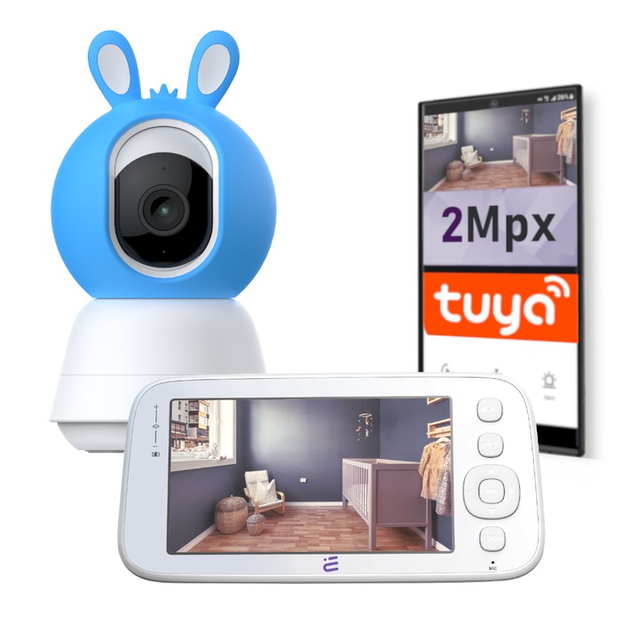 Camera de supraveghere WiFi, nanny, Encore View Baby Guard, rotativa, 2Mpx FullHD, lullaby alarma + monitor, night vision, Baterie incorporata de 2700 mAh, USB Typ-C, Comunicare bidirectionala, alb albastru