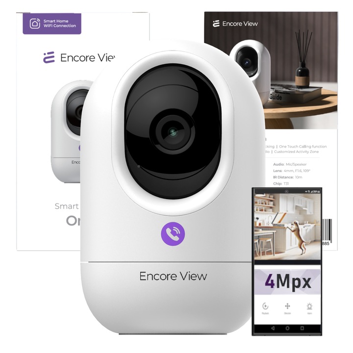 Camera de supraveghere WiFi, PTZ, 4Mpx FullHD, Encore View Orbit, 3x Zoom, IR night vision, Conexiune telefon/PC, urmarirea miscarii, Comunicare bidirectionala, USB Typ-C, alb