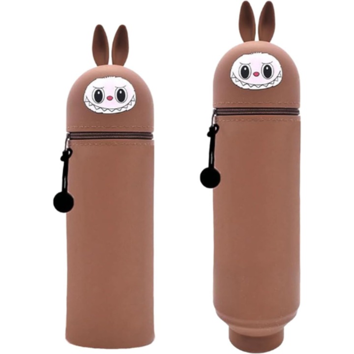 Penar Scolar Pentru Copii Labubu, din Silicon, Impermeabil, Inchidere Fermoar, 26cm, Rezistent, Baza Extensibila, Practic, Maro