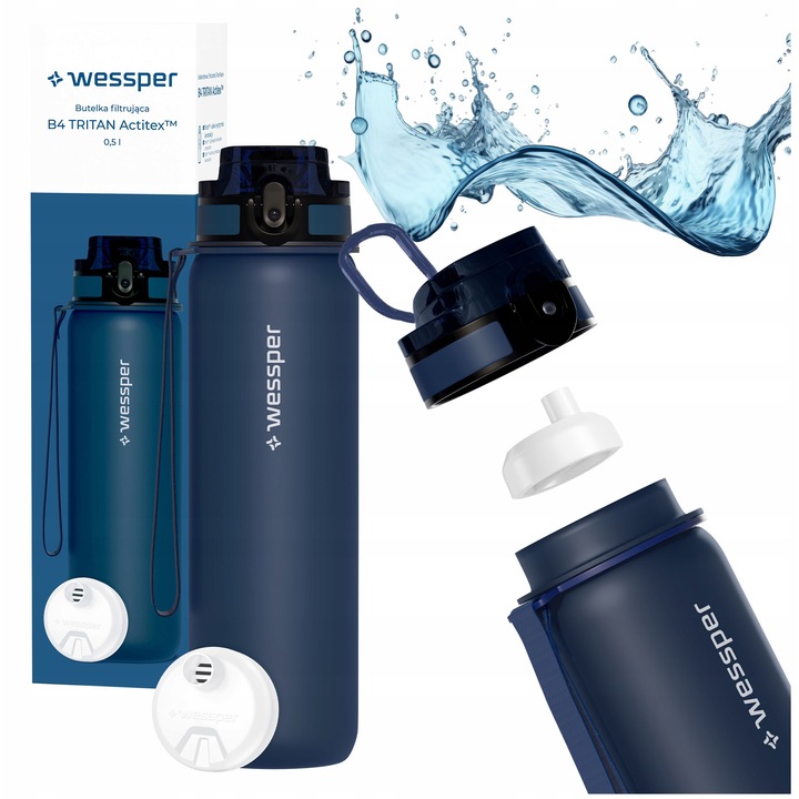 Sticla de apa 500ml Wessper B4 TRITAN Actitex + 1x filtru de apa, BPA Free, motivationala, tritan, 23cm, albastru