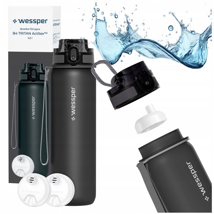 Sticla de apa 500ml Wessper B4 TRITAN Actitex + 1x filtru de apa, BPA Free, motivationala, tritan, 23cm, gri, set