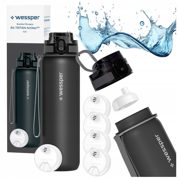 Sticla de apa 500ml Wessper B4 TRITAN Actitex + 5x filtru de apa, BPA Free, motivationala, tritan, 23cm, gri