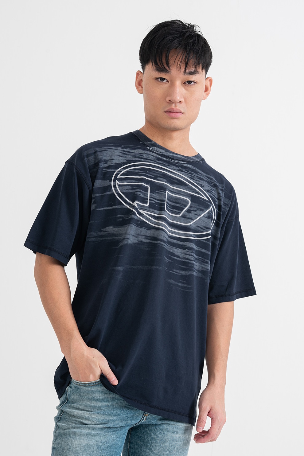 Diesel, Tricou cu imprimeu logo si decolteu la baza gatului, Bleumarin, L