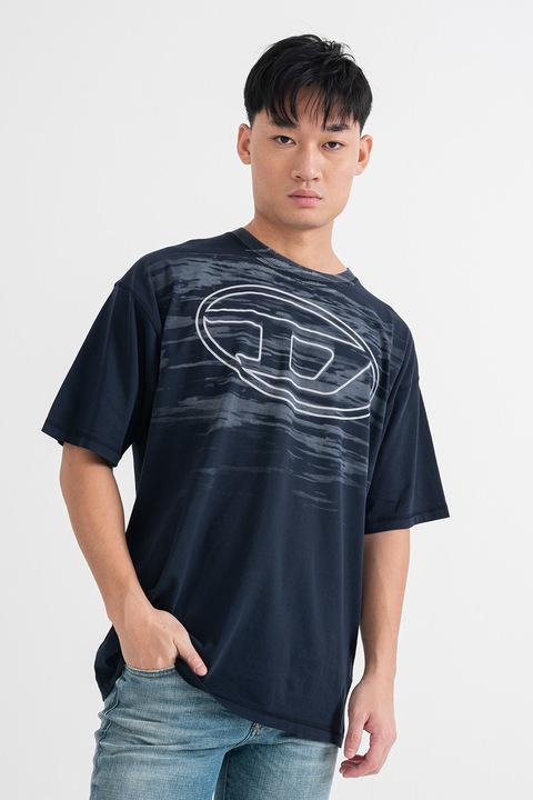 Diesel, Tricou cu imprimeu logo si decolteu la baza gatului, Bleumarin