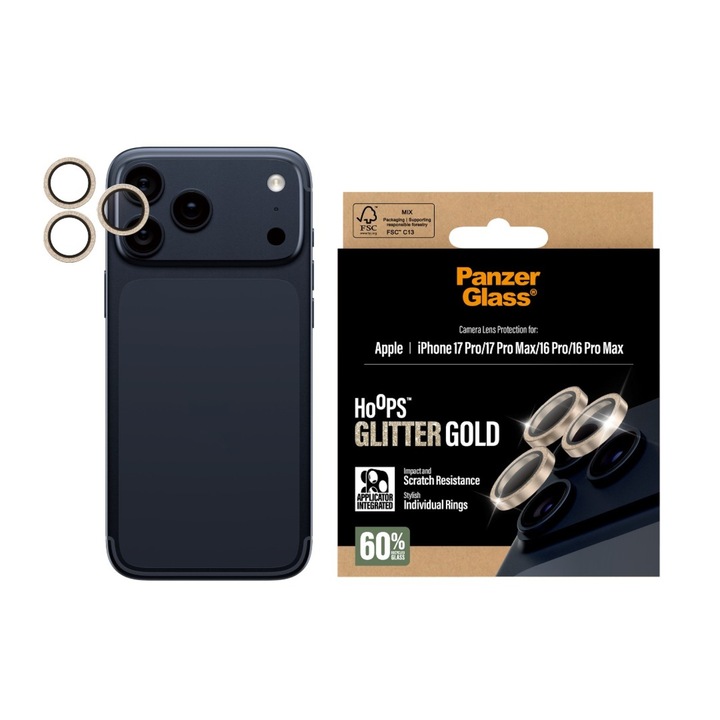 PaznerGlass Hoops kamera védő iPhone 17 Pro/iPhone 17 Pro Max/iPhone 16 Pro/16 Pro Max készülékhez, csillogó arany