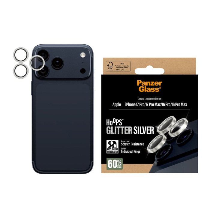 Протектор за камера PaznerGlass Hoops за iPhone 17 Pro/iPhone 17 Pro Max/iPhone 16 Pro/16 Pro Max, Glitter Silver