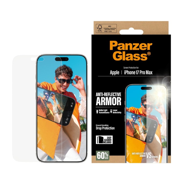 Стъклен протектор PanzerGlass за iPhone 17 Pro Max, Anti-Reflective Armor, w. EasyAligner
