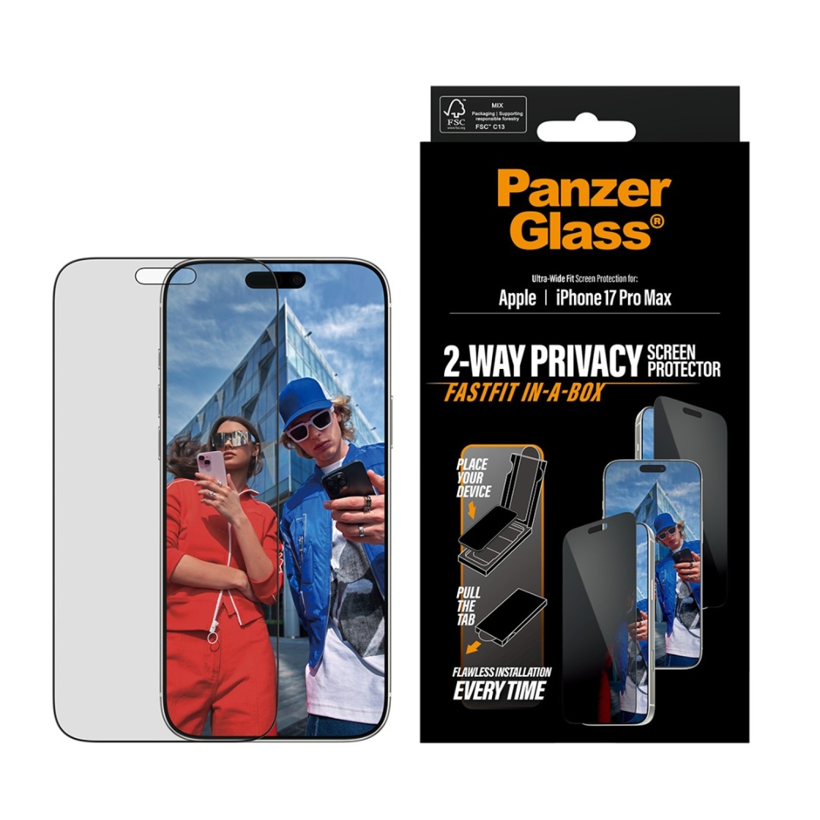 Folie protectie sticla PanzerGlass pentru iPhone 17 Pro Max, Privacy, UWF, cutie de instalare, cu ramă neagră