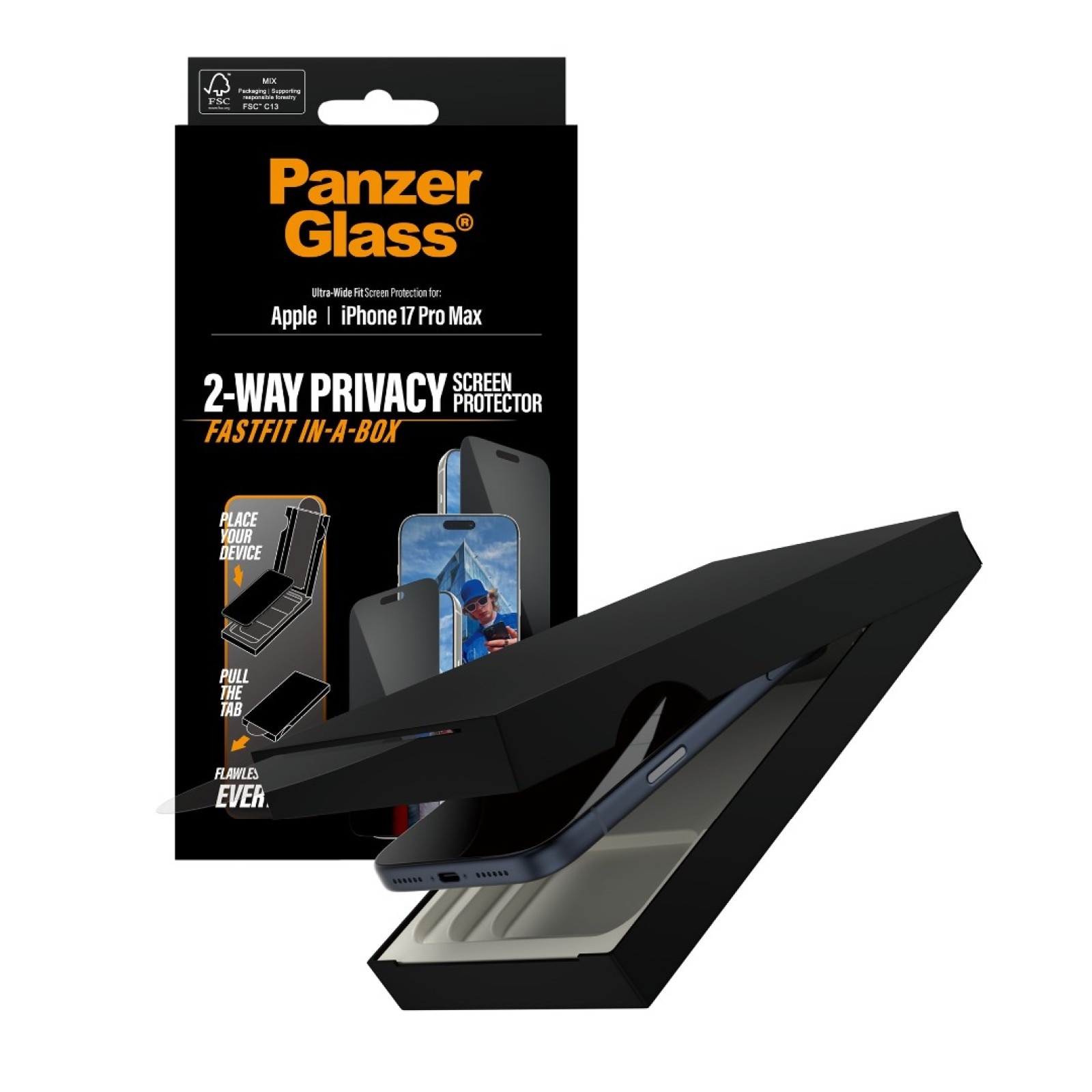 Folie protectie sticla PanzerGlass pentru iPhone 17 Pro Max, Privacy, UWF, cutie de instalare, cu ramă neagră