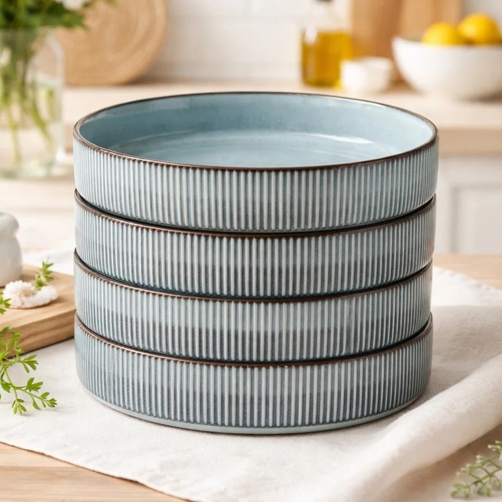 Set 4 farfurii ceramica glazurata albastru-verde, 20cm, adanci, Callena Smokey Blue