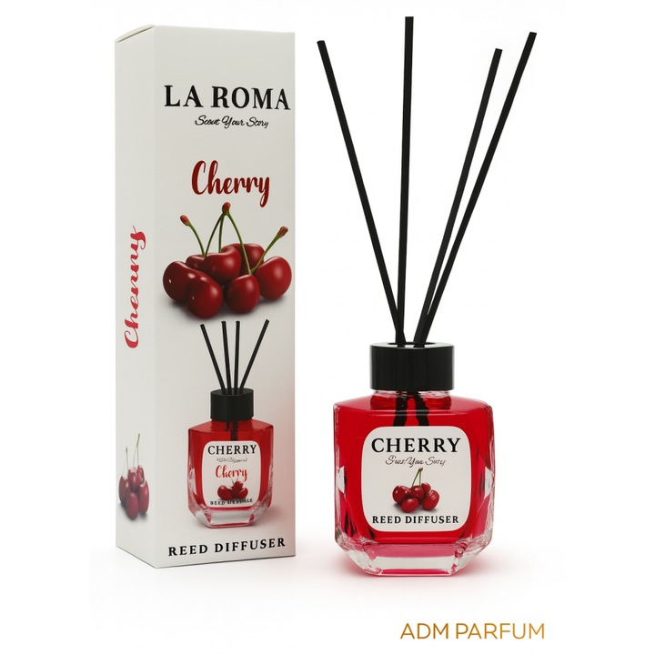 Parfum de cameră La Roma Cherry, 130 ml, betisoare parfumate, aromă fructată, dulce-acrișoară