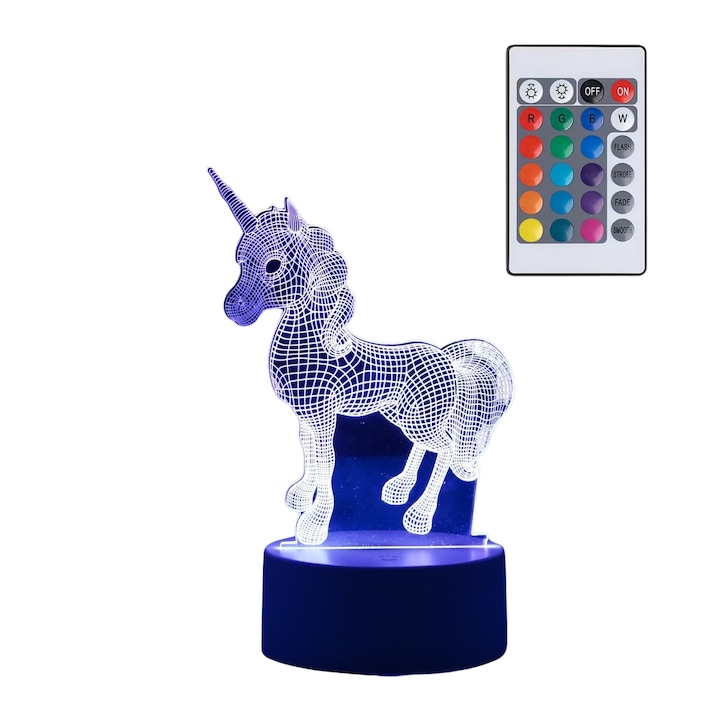 Lampa de Veghe 3D cu LED RGB, VisZone, Veioza pentru Camera, Model Unicorn, 16 Culori, Control prin Telecomanda/Buton, Alimentare USB/Baterii