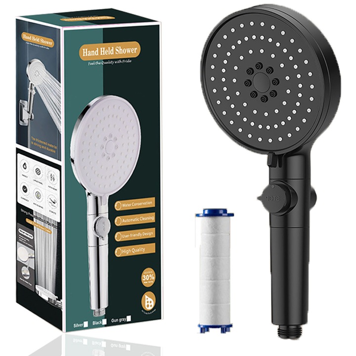 Cap de dus DUAIU, cap de dus portabil de inalta presiune cu 3 viteze, cap de dus detasabil cu filtru, usor de instalat, Negru