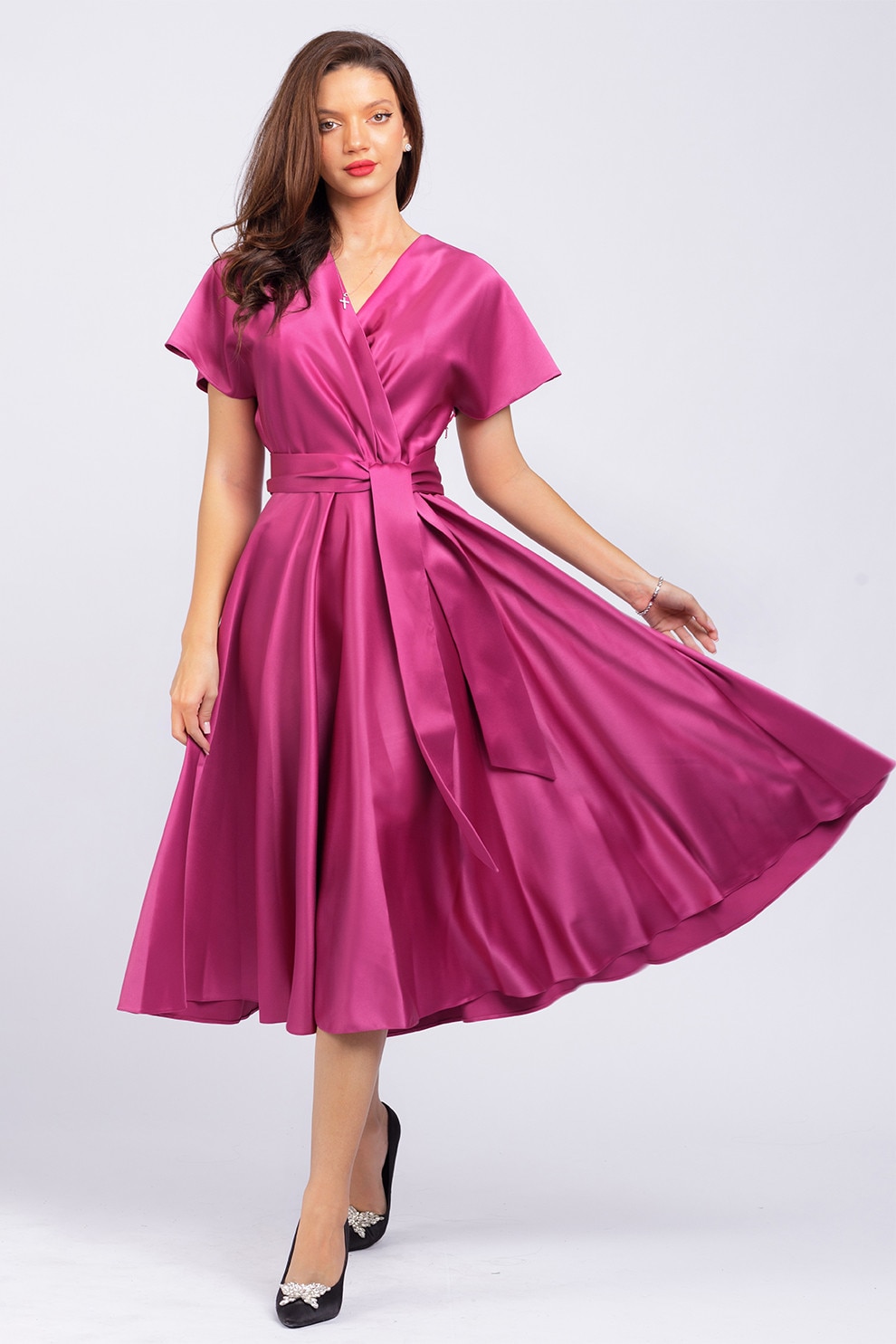 CAMISSI, Rochie midi evazata cu aspect satinat, Roz inchis, L-XL