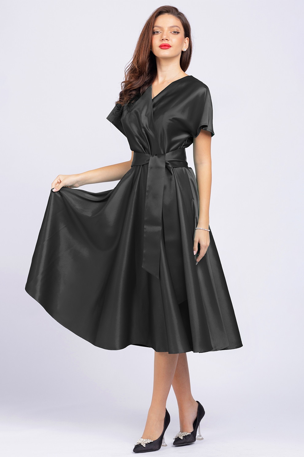CAMISSI, Rochie midi evazata cu aspect satinat, Negru, S-M